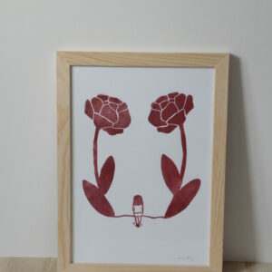 Linogravure vieux rose représentant deux fleurs et une petite fille se balançant avec cadre en bois et vitre en verre