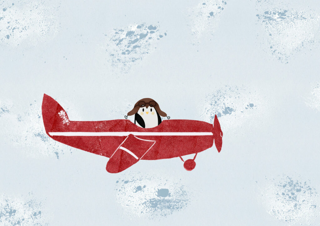 Illustration gravée avec un pingouin et un avion.